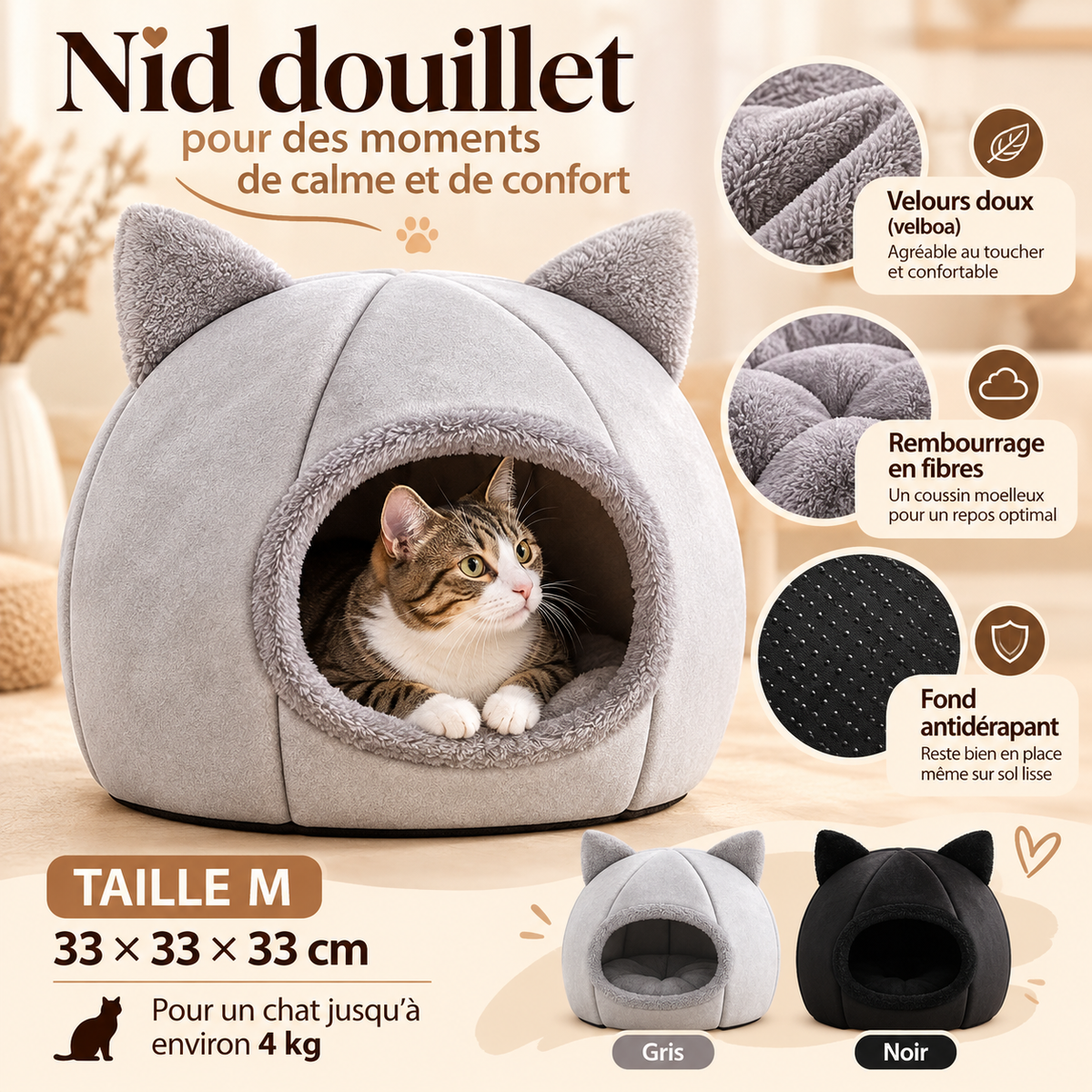 Lit cocon pour chat – douillet, coussin amovible, taille M