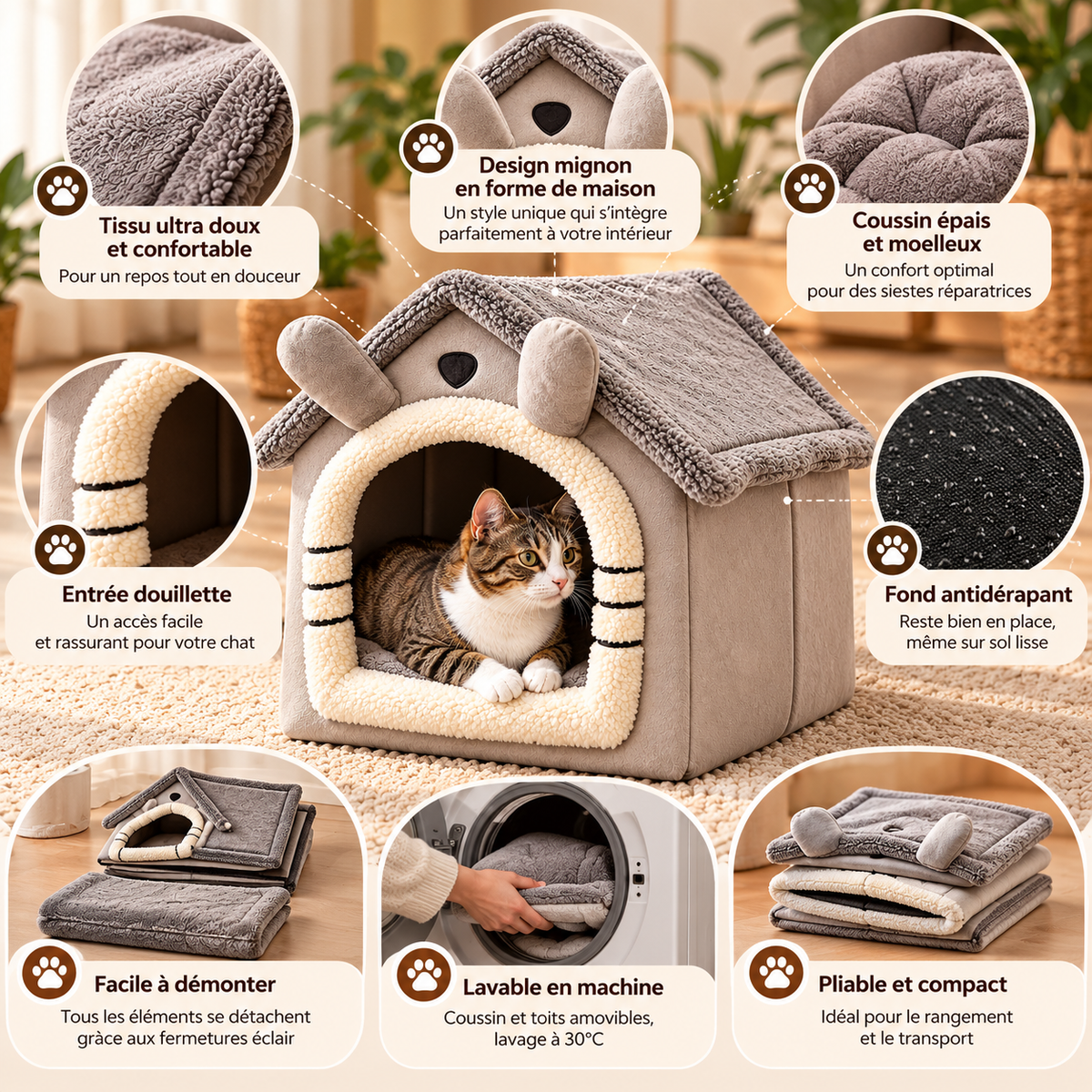 Niche pour chat en peluche – douillette, déhoussable et lavable