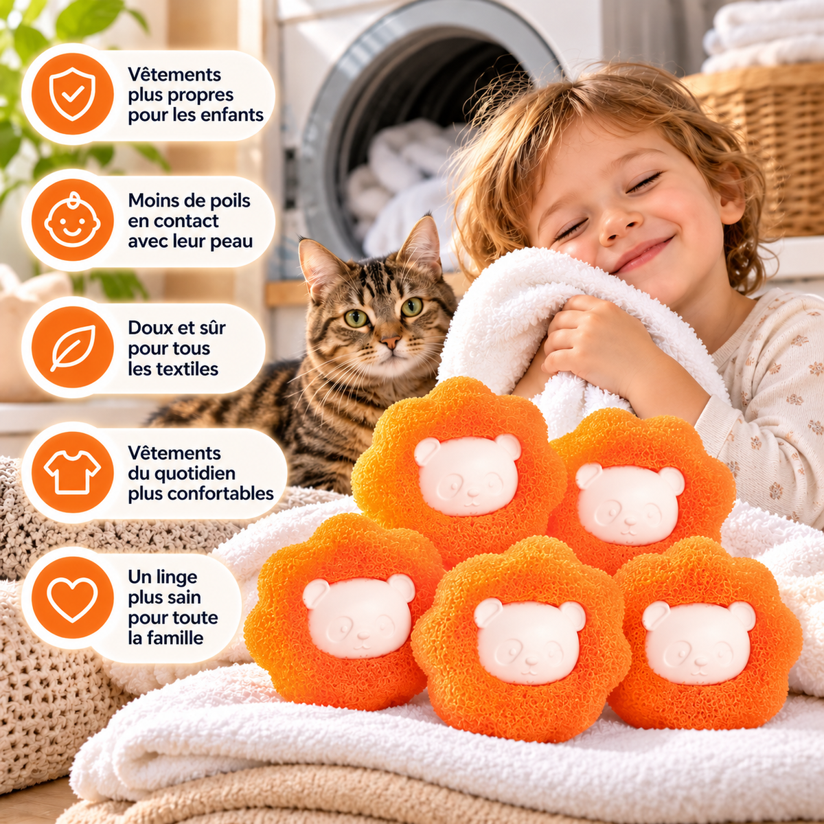 Boules attrape-poils pour lave-linge – lot de 5, réutilisables