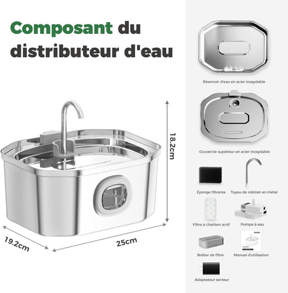 Fontaine a Eau Chat INOX,  3.2L Fontaine À Eau Chat,Fontaine Chats Silencieuse,Led Fenêtre, Sont Faciles À Nettoyer, Fontaine a Eau Petit Chien (Lot De 2 Éponges Et Filtres)