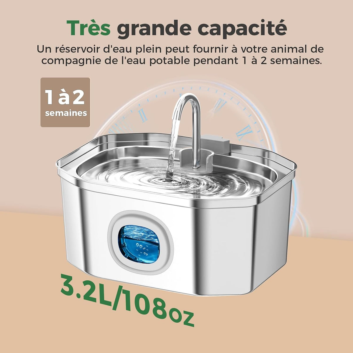 Fontaine a Eau Chat INOX,  3.2L Fontaine À Eau Chat,Fontaine Chats Silencieuse,Led Fenêtre, Sont Faciles À Nettoyer, Fontaine a Eau Petit Chien (Lot De 2 Éponges Et Filtres)