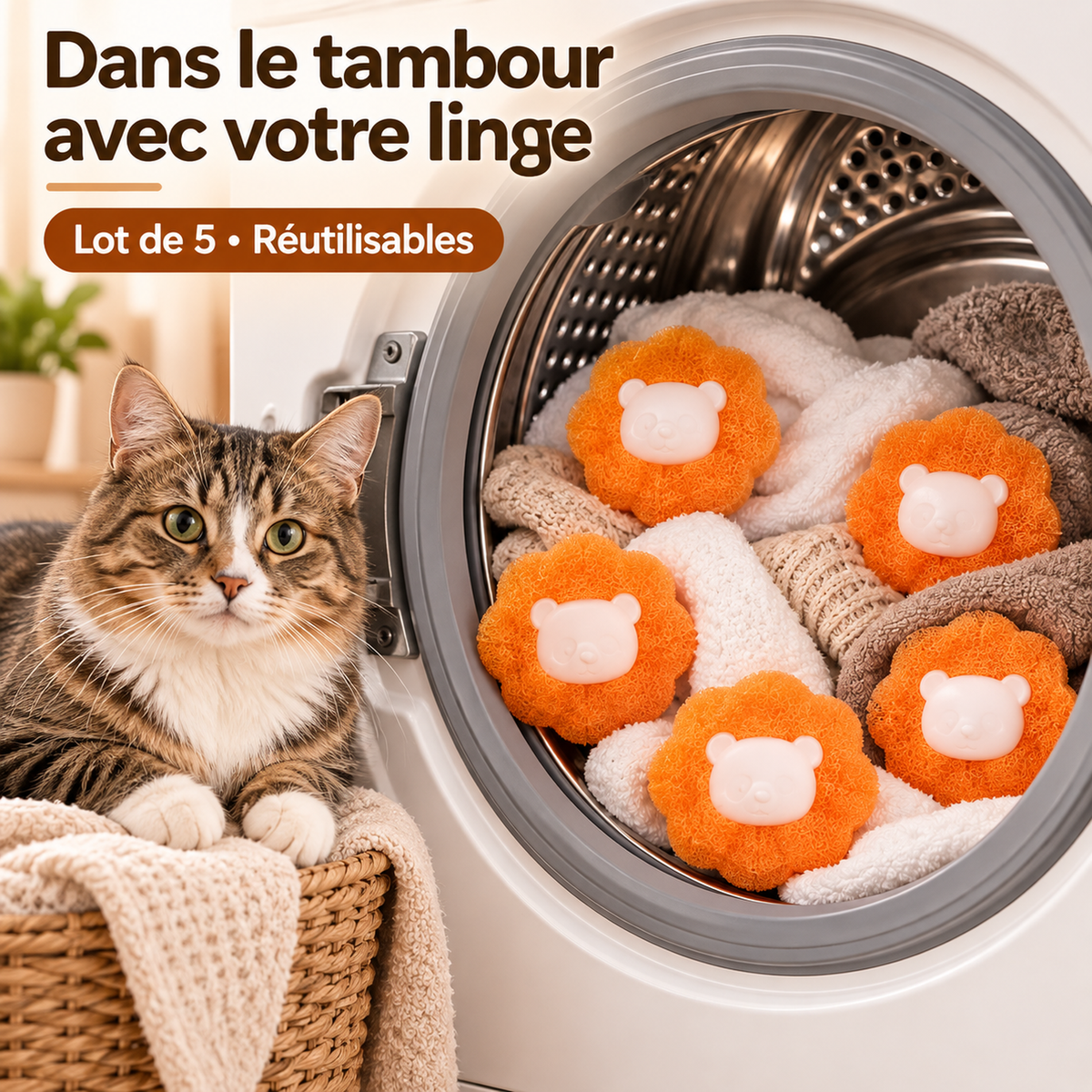 Boules attrape-poils pour lave-linge – lot de 5, réutilisables