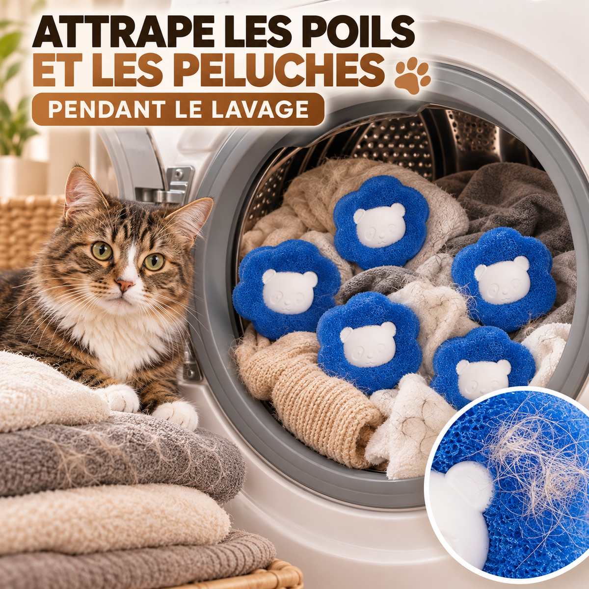Boules attrape-poils pour lave-linge – lot de 5, réutilisables
