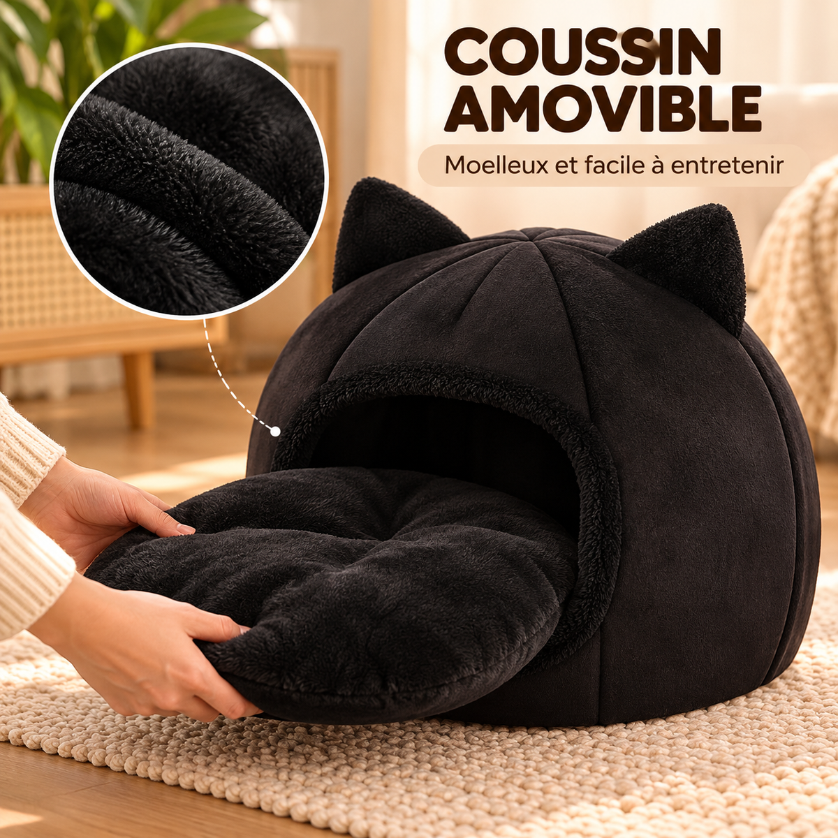 Lit cocon pour chat – douillet, coussin amovible, taille M