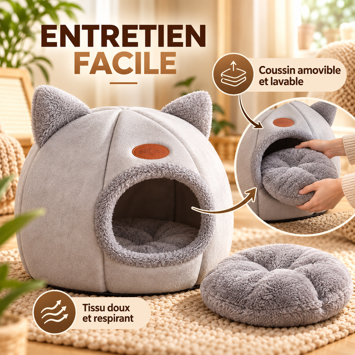 Lit cocon pour chat – douillet, coussin amovible, taille M