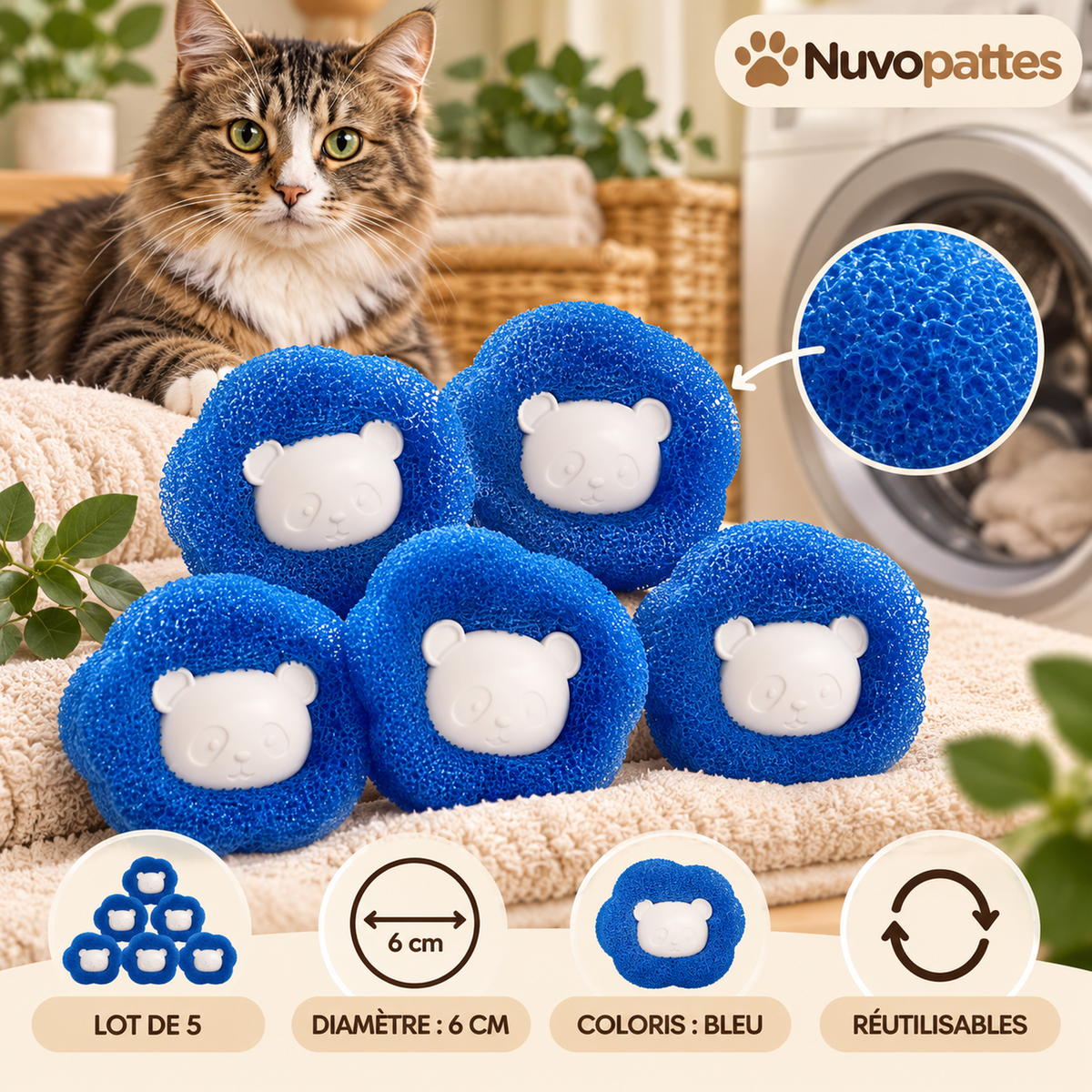 Boules attrape-poils pour lave-linge – lot de 5, réutilisables