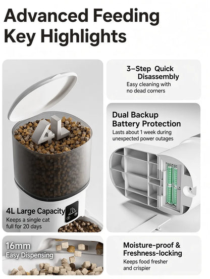 4L Smart Automatic Cat Feeder Wifi Pet Food Dispenser with Camera App Remote Control Voice Recording 3L Water Fountain