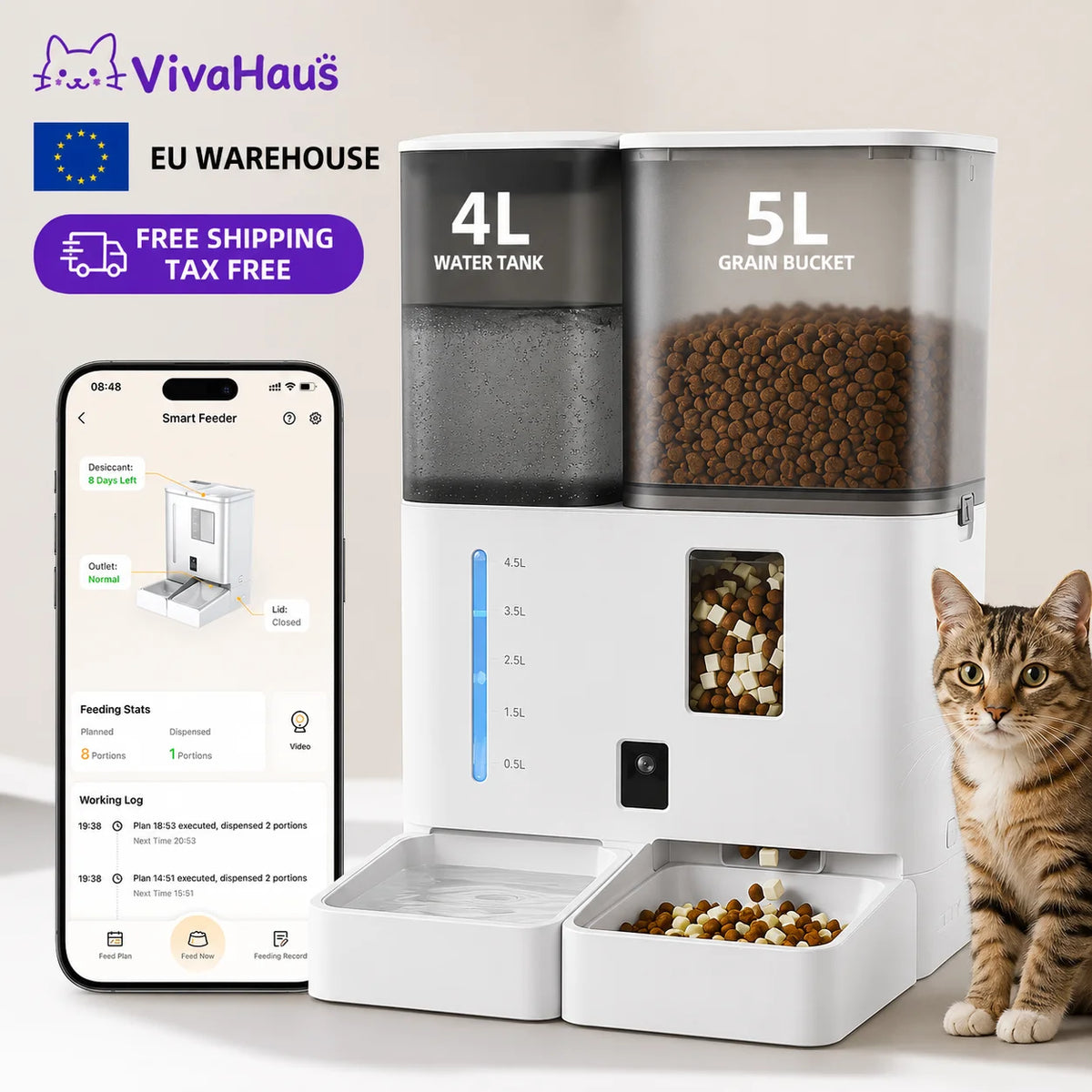 Smart Automatic Cat Feeder with Water and Food Dispensers (4L+5L), Camera, App Remote Control, Voice Recording, Hd Monitoring, and Programmable Feeding Schedule for Dogs and Cats