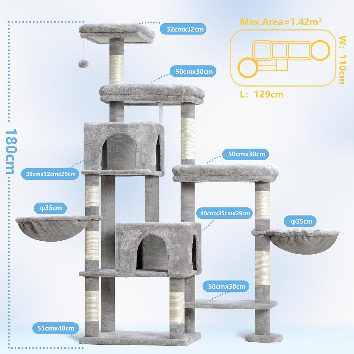 Arbre À Chat XXL 180 Cm, Espace Extensible, Stable, MPJ038W