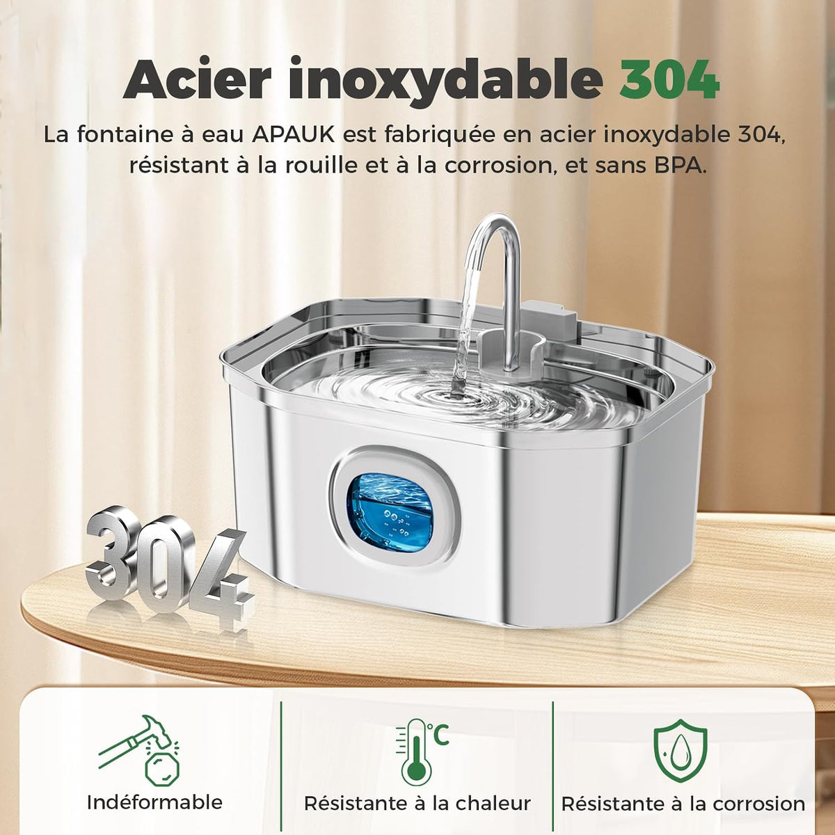 Fontaine a Eau Chat INOX,  3.2L Fontaine À Eau Chat,Fontaine Chats Silencieuse,Led Fenêtre, Sont Faciles À Nettoyer, Fontaine a Eau Petit Chien (Lot De 2 Éponges Et Filtres)
