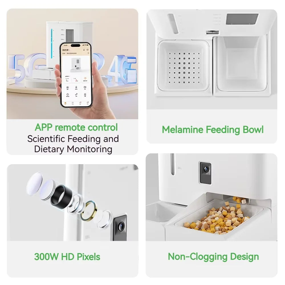 Smart Automatic Cat Feeder with Water and Food Dispensers (4L+5L), Camera, App Remote Control, Voice Recording, Hd Monitoring, and Programmable Feeding Schedule for Dogs and Cats