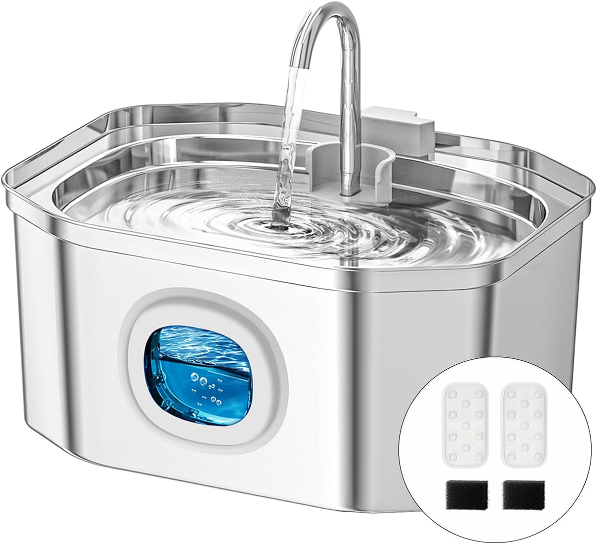Fontaine a Eau Chat INOX,  3.2L Fontaine À Eau Chat,Fontaine Chats Silencieuse,Led Fenêtre, Sont Faciles À Nettoyer, Fontaine a Eau Petit Chien (Lot De 2 Éponges Et Filtres)