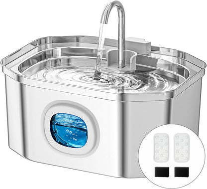 Fontaine a Eau Chat INOX,  3.2L Fontaine À Eau Chat,Fontaine Chats Silencieuse,Led Fenêtre, Sont Faciles À Nettoyer, Fontaine a Eau Petit Chien (Lot De 2 Éponges Et Filtres)
