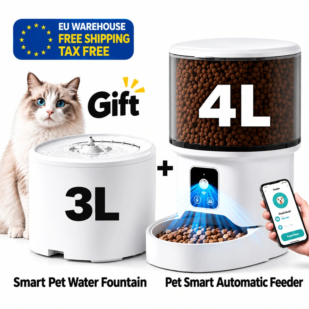 4L Smart Automatic Cat Feeder Wifi Pet Food Dispenser with Camera App Remote Control Voice Recording 3L Water Fountain