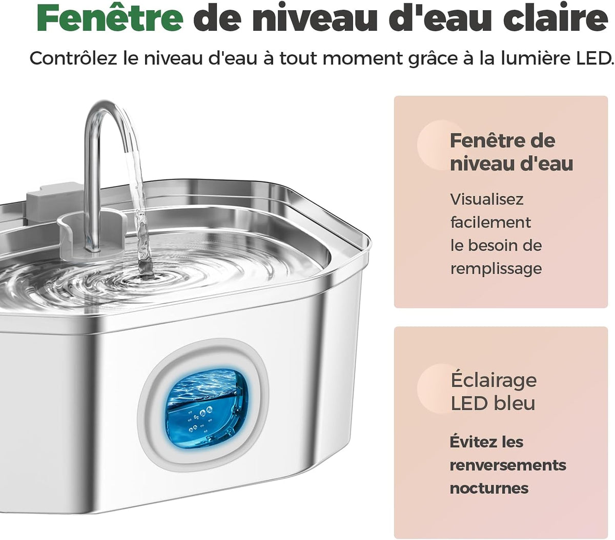 Fontaine a Eau Chat INOX,  3.2L Fontaine À Eau Chat,Fontaine Chats Silencieuse,Led Fenêtre, Sont Faciles À Nettoyer, Fontaine a Eau Petit Chien (Lot De 2 Éponges Et Filtres)