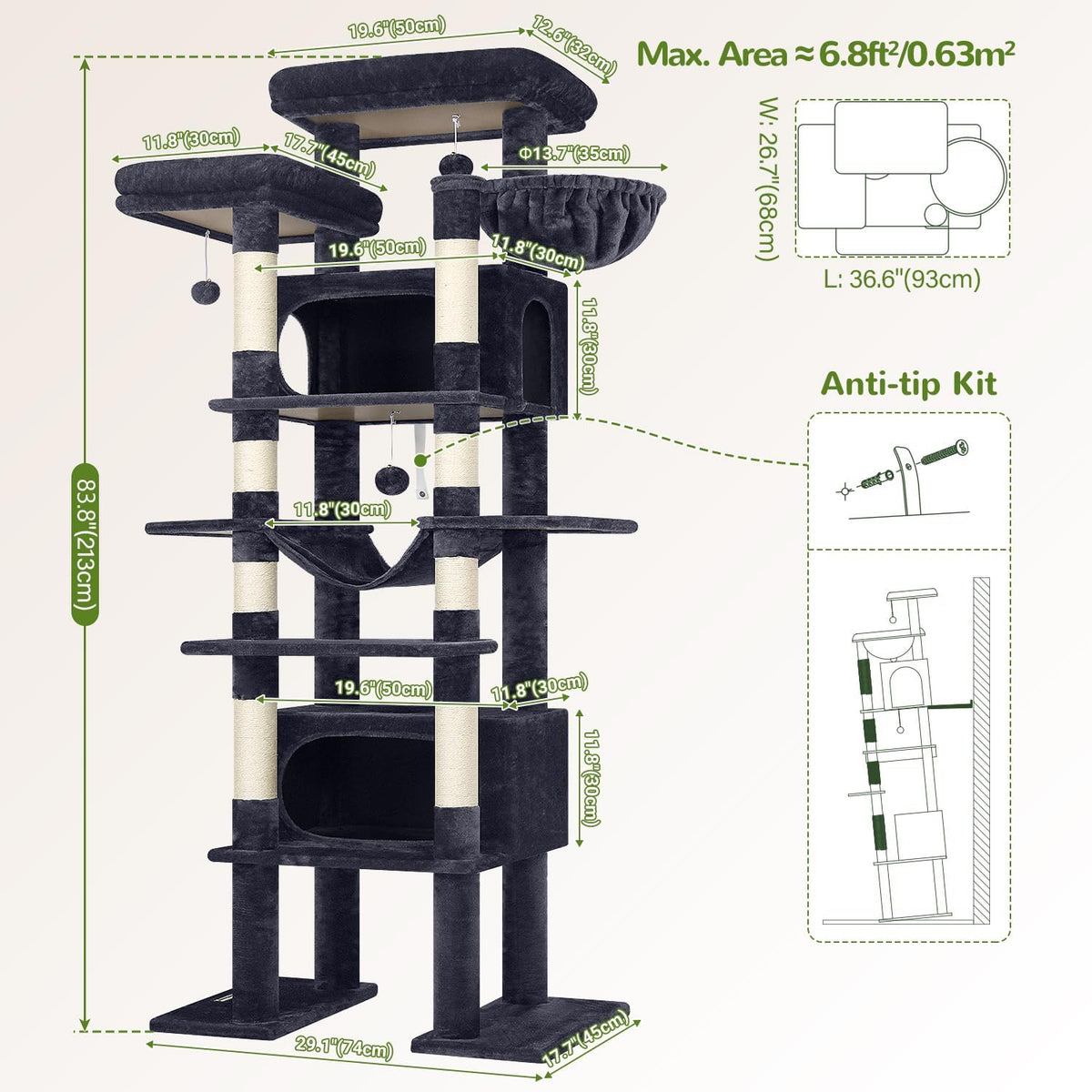 F83B Arbre À Chat XXL Grand 213 Cm Stable Arbre a Chat Intérieur