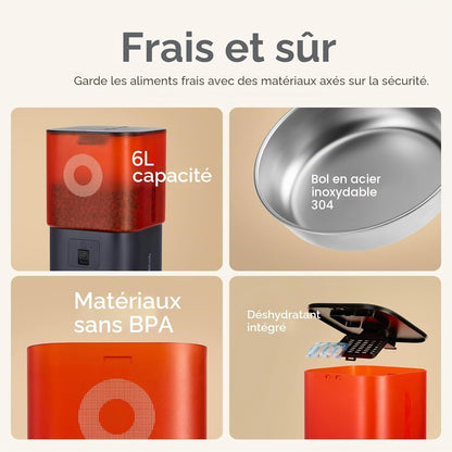 Distributeur Croquettes Chat Automatique Avec Caméra, 6L, Pour Chat Et Petit Chien, Audio Bidirectionnel, Vision Nocturne, Contrôle via App Wifi 2.4G, Bol En Acier Inoxydable (Blanc)