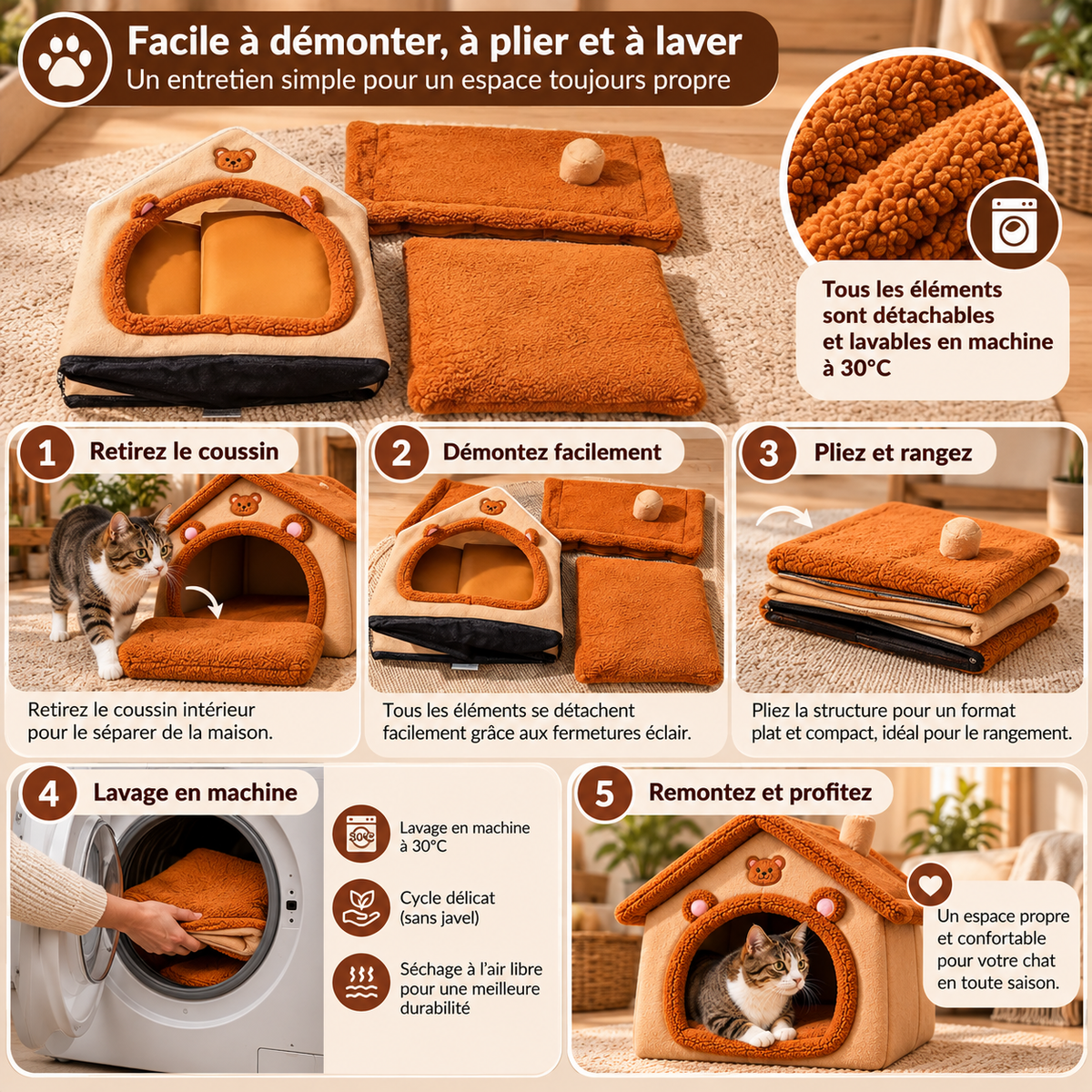 Niche pour chat en peluche – douillette, déhoussable et lavable