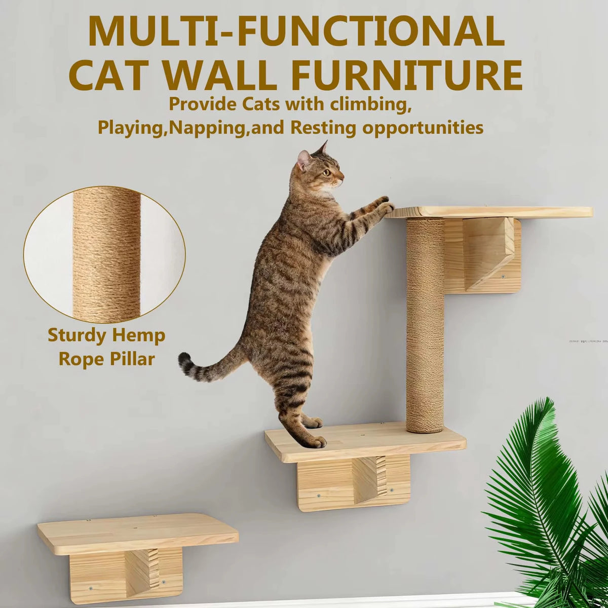 Cat Climbing Frame Wooden Wall Shelves with Bridge Ladder Cat Furniture Climbing Tree Kitten Activity Space Cat Bed Sisal Pillar