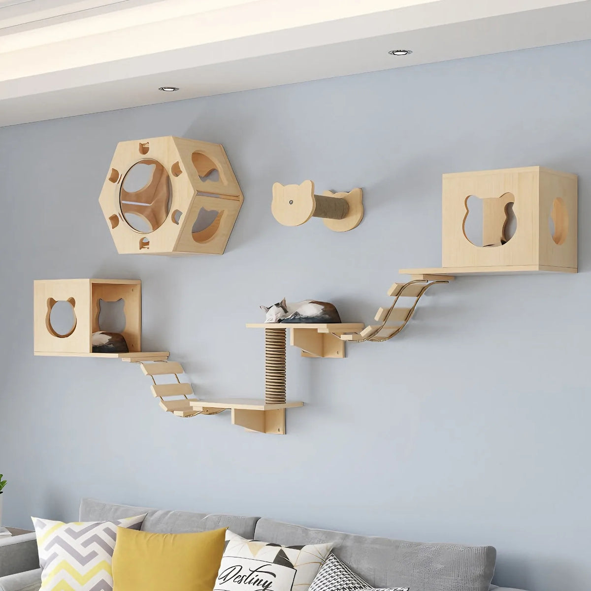 Cat Climbing Frame Wooden Wall Shelves with Bridge Ladder Cat Furniture Climbing Tree Kitten Activity Space Cat Bed Sisal Pillar