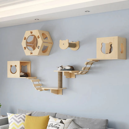 Cat Climbing Frame Wooden Wall Shelves with Bridge Ladder Cat Furniture Climbing Tree Kitten Activity Space Cat Bed Sisal Pillar