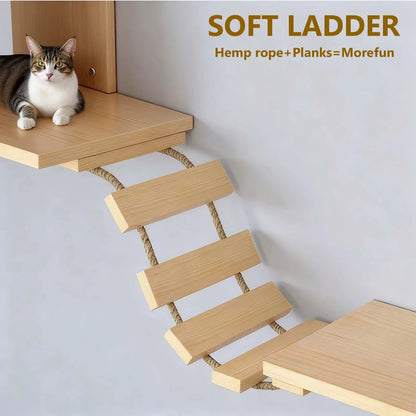 Cat Climbing Frame Wooden Wall Shelves with Bridge Ladder Cat Furniture Climbing Tree Kitten Activity Space Cat Bed Sisal Pillar