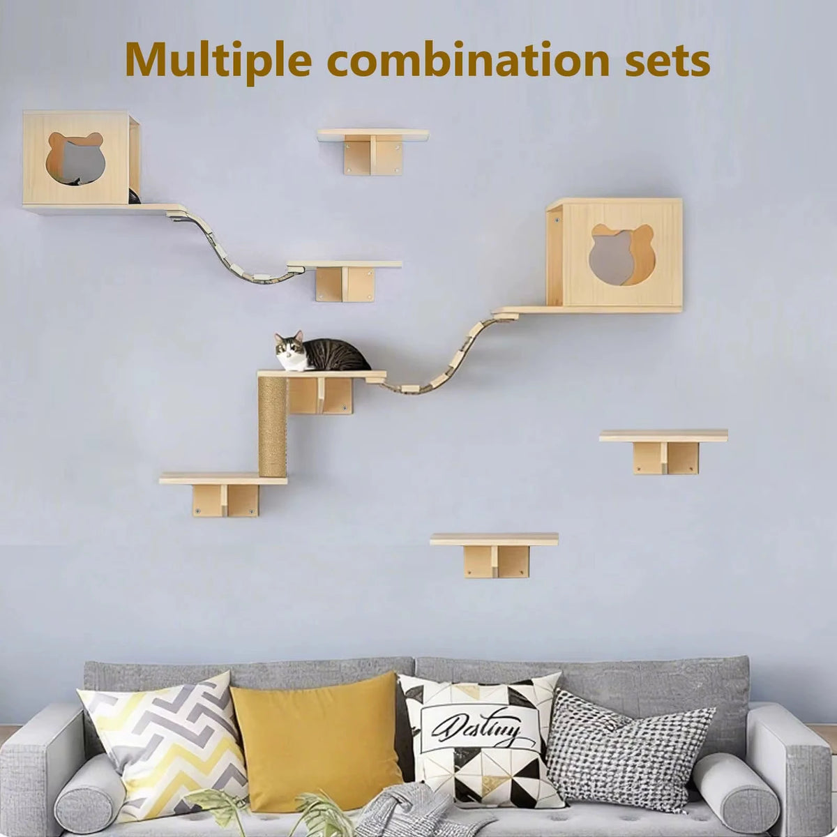 Cat Climbing Frame Wooden Wall Shelves with Bridge Ladder Cat Furniture Climbing Tree Kitten Activity Space Cat Bed Sisal Pillar