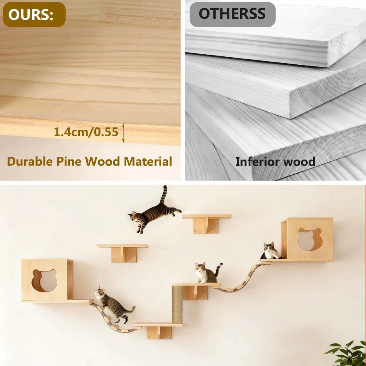 Cat Climbing Frame Wooden Wall Shelves with Bridge Ladder Cat Furniture Climbing Tree Kitten Activity Space Cat Bed Sisal Pillar