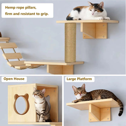 Cat Climbing Frame Wooden Wall Shelves with Bridge Ladder Cat Furniture Climbing Tree Kitten Activity Space Cat Bed Sisal Pillar