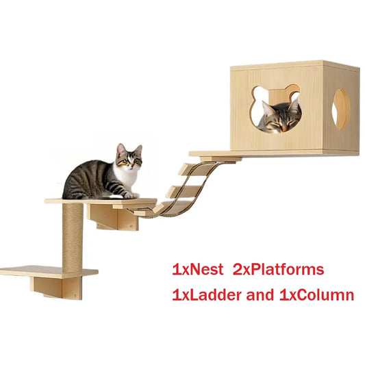 Cat Climbing Frame Wooden Wall Shelves with Bridge Ladder Cat Furniture Climbing Tree Kitten Activity Space Cat Bed Sisal Pillar