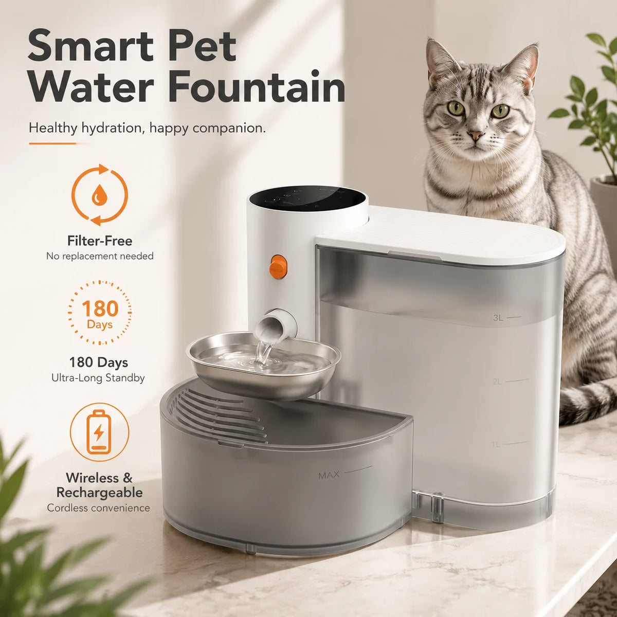 3L Smart Wireless Cat Water Fountain, No Replacement Filter, Clean & Dirty Water Separation, Automatic Pet Water Dispenser, Rechargeable Battery Operated,Ultra Long Battery Life