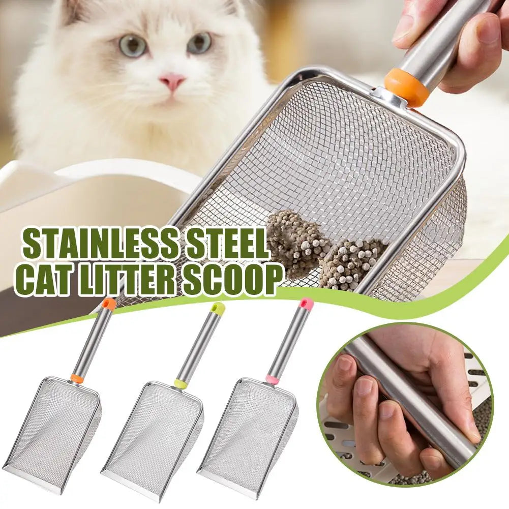 New Pet Cat Waste Shovel Long Handle Stainless Steel Filter Metal Cat Pet Litter Sand Cleaning Scoop Tool Garbage Shovel R8O1
