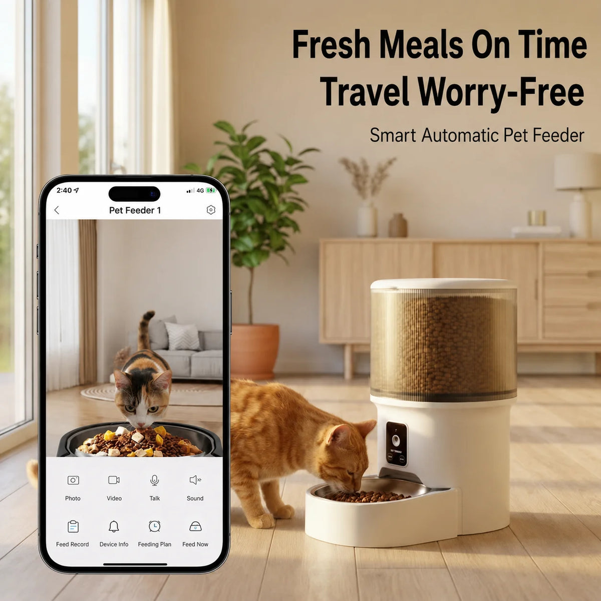 4L Smart Automatic Cat Feeder Wifi Pet Food Dispenser with Camera App Remote Control Voice Recording 3L Water Fountain